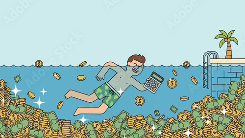 Cartoon businessman swimming in pool of money with calculator in hand, concept for financial freedom, wealth management, and investment planning