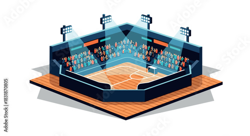 Isometric basketball arena with crowd and spotlights on wooden court