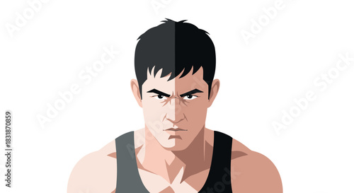 Determined athlete portrait in angular style with dramatic shadows