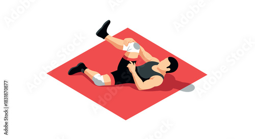 Isometric wrestler injured on red mat in wrestling match scene