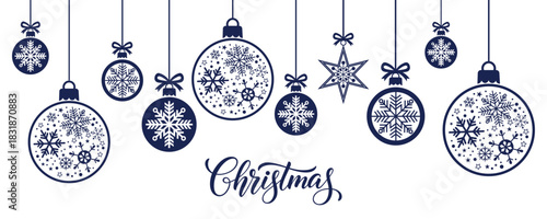 Elegant Christmas background with hanging blue baubles and star ornaments filled with snowflakes on white, minimalist winter holiday greeting card or web banner design for seasonal celebrations and de