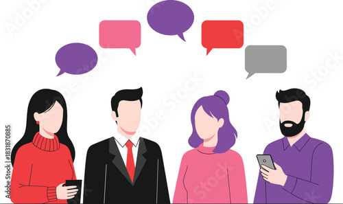 Vector illustration of a diverse group of four people having a conversation, featuring colorful speech bubbles and dialogue, symbolizing teamwork, discussion, social media, and networking