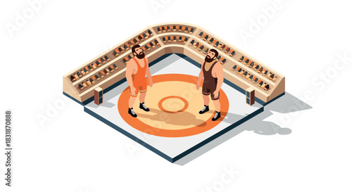 Isometric wrestling match scene with two competitors and audience