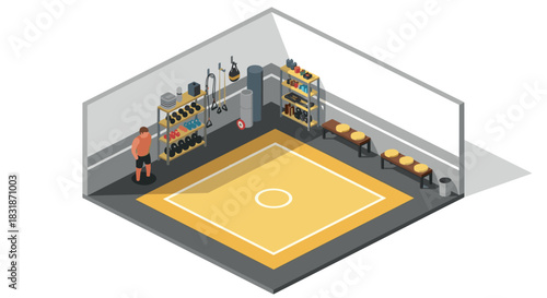 Isometric home gym with wrestling mat and equipment in modern interior design
