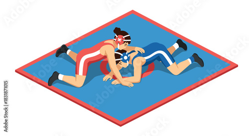 Dynamic wrestling match on isometric mat featuring athletes in action