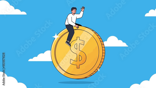 Cartoon of a young entrepreneur sitting on a big golden coin with blue sky background. Concept for wealth creation, successful investment, and financial freedom