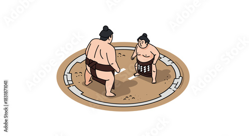 Dynamic sumo wrestlers in traditional ring depicted in isometric style