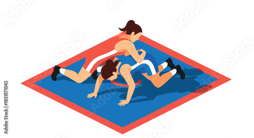 Dynamic isometric wrestling match: female athletes competing on mat