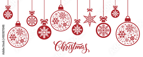 Elegant Christmas background with hanging red baubles and star ornaments filled with snowflakes on white, minimalist winter holiday greeting card or web banner design for seasonal celebrations and de