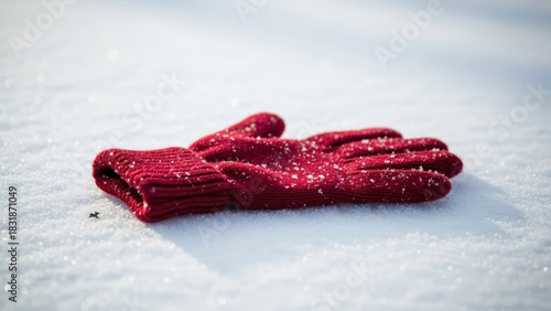 Red glove lost in snow lying on fresh powder, winter scene. Find red glove lost in snow after winter adventures. Find glove lost in snow as reminder of winter carelessness.