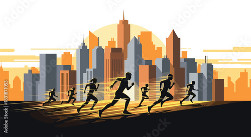 Urban runners racing at sunset in dynamic silhouette style