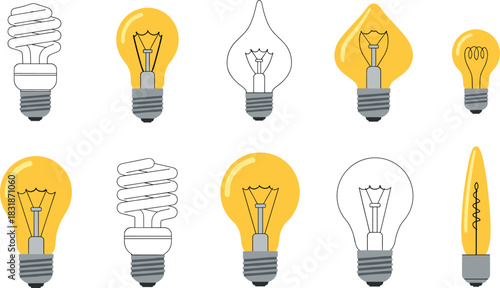 A vector collection of ten diverse electric light bulbs, including incandescent, energy-saving compact fluorescent, and decorative shapes, symbolizing concepts of idea, solution, and innovation