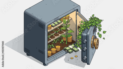 Isometric illustration of a safe with plants growing inside, symbolizing growth and security, concept for investments, wealth management and financial planning