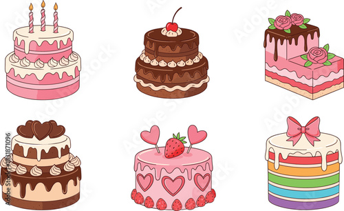 A delightful vector set of six layered celebration cakes, featuring various tiers, frosting, chocolate drizzles, hearts, flowers, and colorful rainbow layers for parties and events