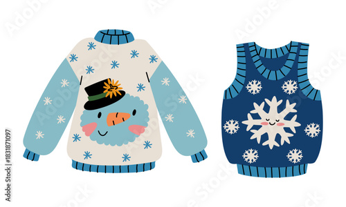 set of cute Christmas sweaters featuring snowman and snowflake. Ugly sweaters for home comfort and fun. Suitable for holiday party invitations, clothing designs, greeting cards, seasonal promotions