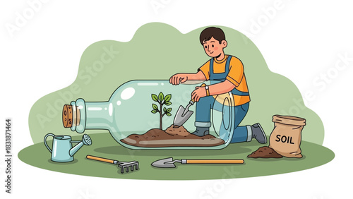 Man planting sprout inside glass bottle with soil bag and gardening equipment. Concept for environmental awareness, ecological project and nature conservation