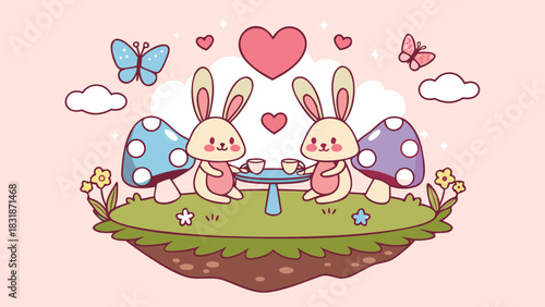 Two cute cartoon bunnies enjoying tea together at a small table on a grassy island with mushrooms and butterflies surrounded by hearts and clouds