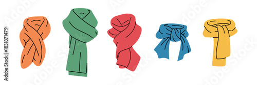 A set of bright winter warm knotted variety of scarves. Flat color isolated illustration. Bright colors of various shapes and ties. Cozy fashion accessories for winter, cover your neck from the wind.