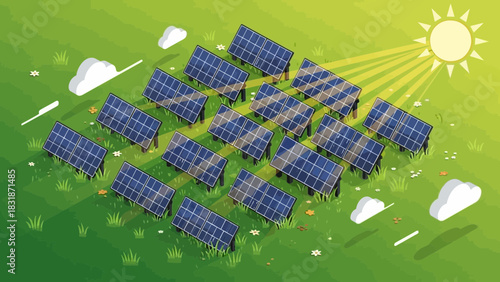 Isometric illustration of a solar panel field on a sunny day with flowers. Concept for sustainable energy, renewable resources and green technology
