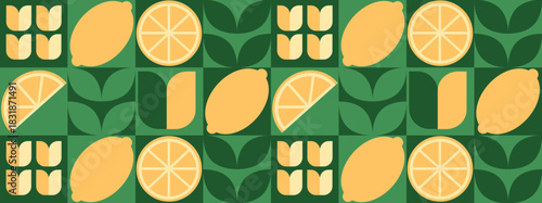 Geometric Flat Lemon and Leaf Tile Design. Vegetable abstract minimalist fruit pattern. Shapes of natural organic flower plants, eco-agriculture citrus. 