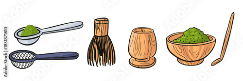 set of essential accessories for making matcha tea. Spoons, whisk, wooden bowl, spatula, cup with powder. illustration with black outline. Perfect for tea shop menus, cultural projects, traditional