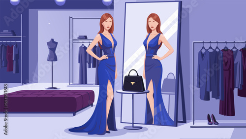 Woman admiring her reflection in a full-length mirror, showcasing a beautiful evening gown in a fashion boutique setting
