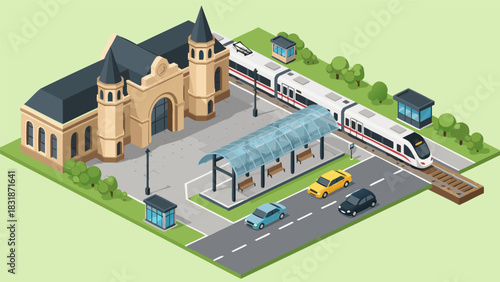 Isometric Train Station Scene with Modern Passenger Train and Urban Transport Infrastructure Illustration