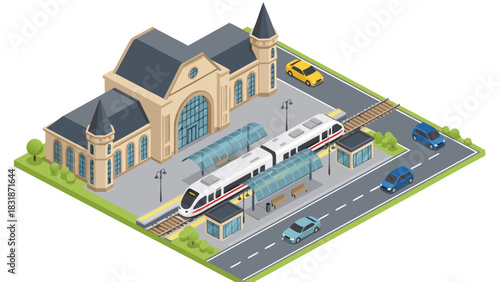 Isometric Train Station Vector Illustration with Vehicles and City Transport
