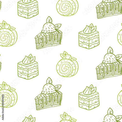 Seamless pattern with hand-drawn colored outline illustrations of matcha desserts. Layered pancake cake with ice cream, roll, sponge cake with cream for packaging food products or decorating cafes