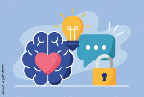 Brain and Light Bulb with Heart and Lock Vector Concept
