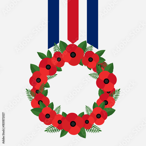 Vector wreath made of red poppy flowers and blue ribbon symbolizing remembrance, respect, and memorial honor.
