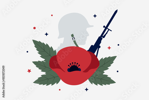 Vector design showing red poppy flower with soldier silhouette and rifle, symbolizing remembrance and military honor.
