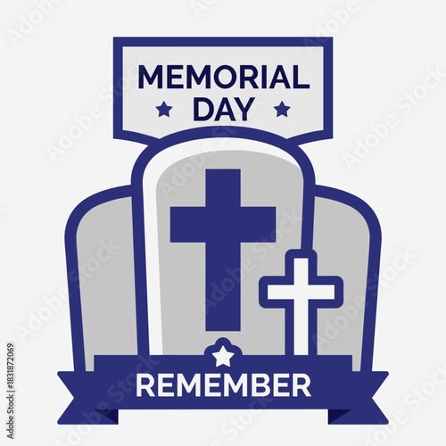 Vector emblem for Memorial Day featuring cross and ribbon design to honor and remember fallen heroes.
