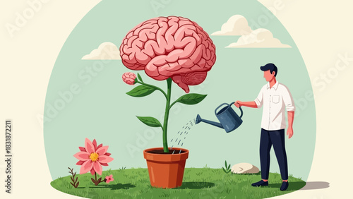 Man waters plant with brain in flowerpot on grass under cloudy sky in drawing. Concept for intelligence development, mental growth, and cognitive enhancement