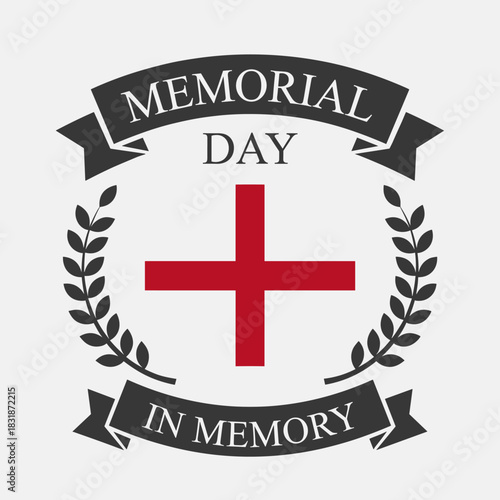 Simple vector emblem featuring a red cross with laurel branches and Memorial Day text for remembrance.
