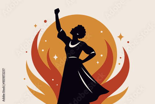 Bold vector silhouette of a woman raising her fist in an empowering and inspirational pose with abstract flames.
