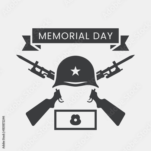 Monochrome vector emblem featuring a helmet, rifles, ribbon, and poppy symbol honoring Memorial Day.
