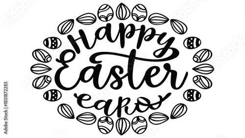 Happy easter calligraphy surrounded by decorative easter eggs in a circular arrangement on a white background