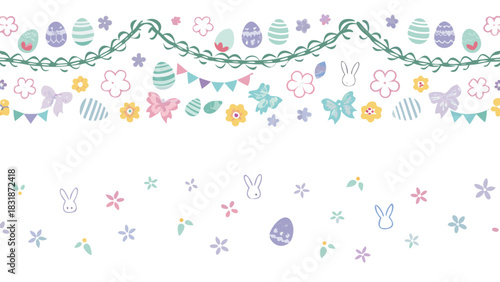 Charming easter border with pastel colored eggs bunnies flowers and bows on a white background for spring celebrations and decorations
