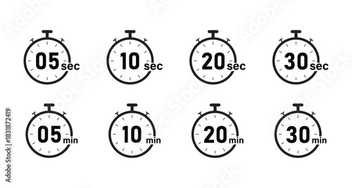 Stopwatch and timer icons for various time durations. Second and minute timer set.