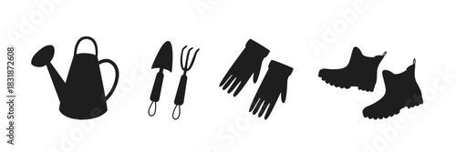 Gardening Tools Silhouette Set with Watering Can, Gloves, Trowel, Cultivator and Boots – Minimal Black Icons