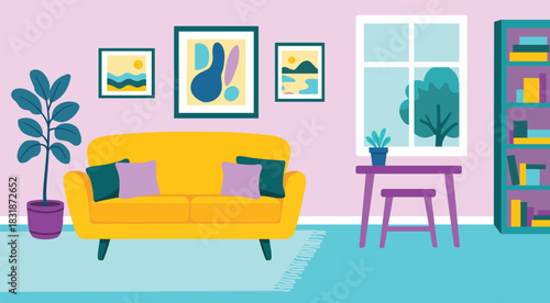 Bright modern living room interior with yellow sofa, houseplants, wall art and bookshelf. Colorful flat illustration of cozy home design, stylish decor and comfortable contemporary space.