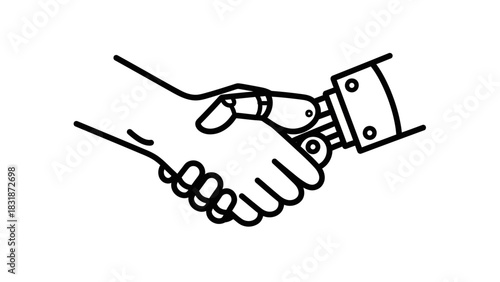 Illustration showing a human hand shaking hands with a robot hand in outline style. Concept for automation technology, future innovation and artificial intelligence