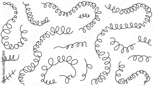 Collection of hand drawn black curly lines and spirals on a white background
