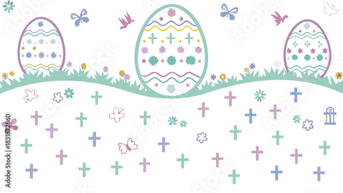 Pastel easter eggs and crosses with butterflies and birds on a white background with green grass and small flowers