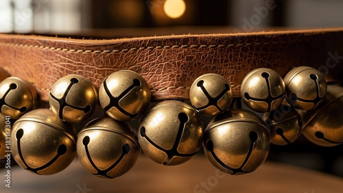 Sleigh bells on leather strap for festive holiday décor, vintage design. Sleigh bells on leather detail showcases craftsmanship, rich texture, and golden tones.