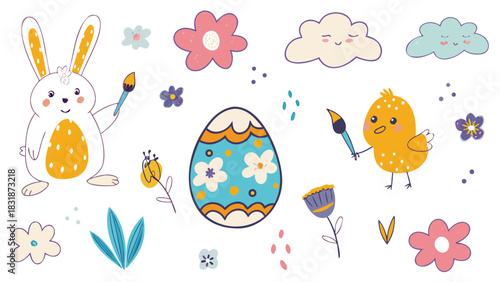Cute cartoon easter bunny and chick painting a colorful egg surrounded by flowers and clouds perfect for spring holiday decorations and designs