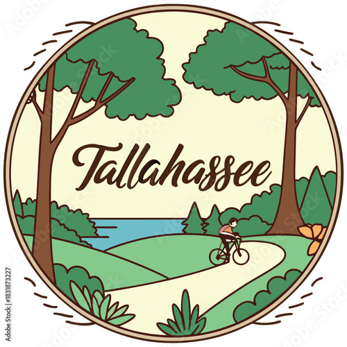 Tallahassee Circular Trail Scene – Cyclist and Forest Emblem