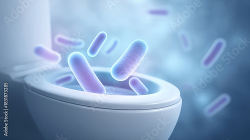 Visual representation of bacteria emerging from a toilet, illustrating hygiene and health concerns in modern environments.