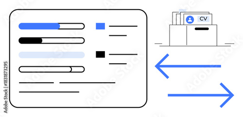 Resume sharing. Resume sharing and CV transfer with arrows and file folders. Resume sharing simplifies recruitment processes and highlights data exchange. For HR platforms, hiring, and recruitment